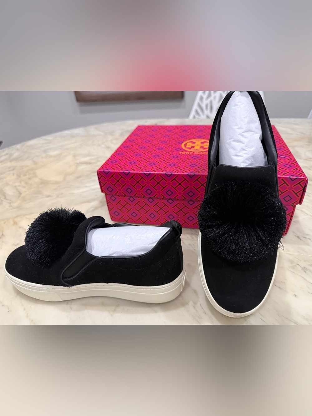 Tory Burch Black Suede Pom Slip-Ons pristine sole never worn comes with box